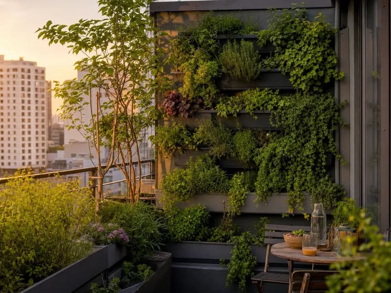 A thoughtfully designed rooftop garden with a vertical green wall