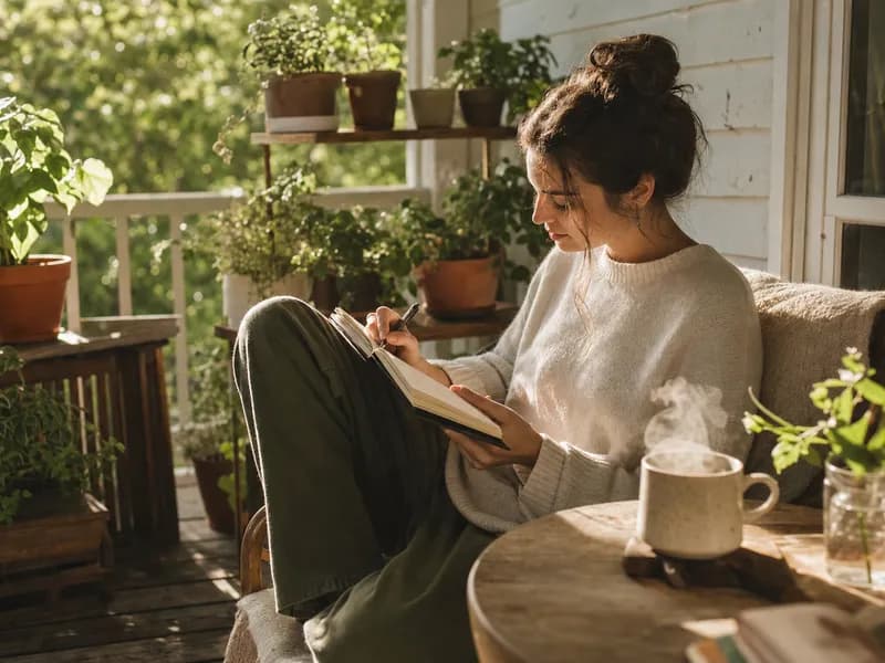 A grower journaling notes surrounded by potted plants