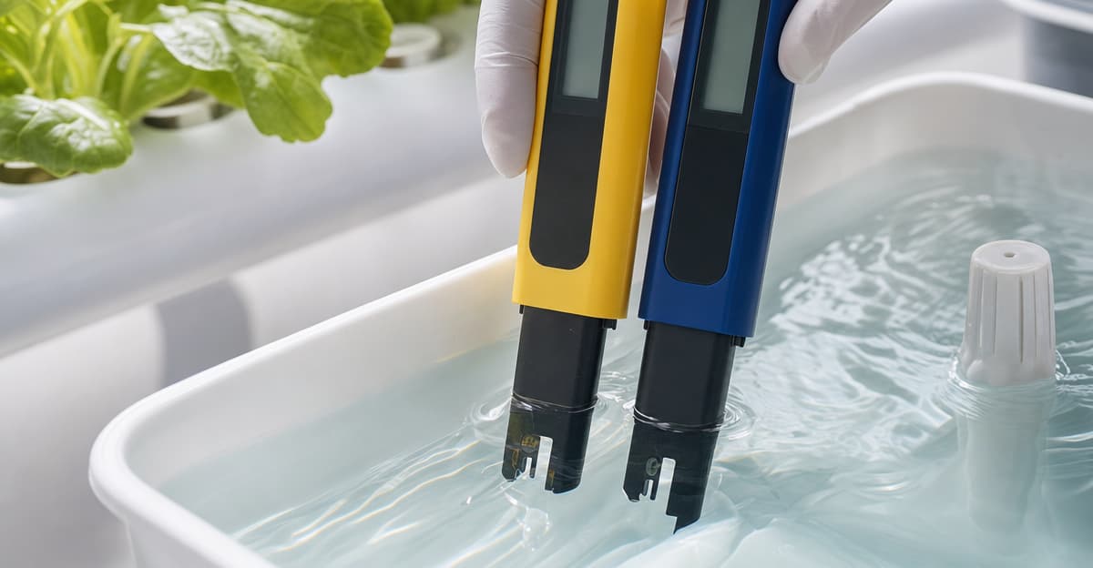 A grower measuring nutrient solution with pH and EC meters